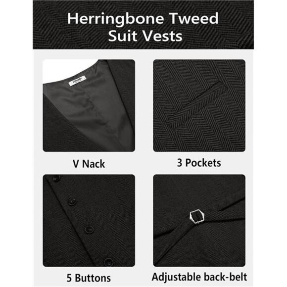 Men's Tweed Suit Vests Slim Fit Waistcoat Black - Picture 7 of 7